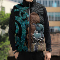 New Zealand Tui Bird Wahaika Sleeveless Puffer Jacket Maori Weapon Paua Shell Koru Pattern