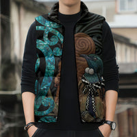 New Zealand Tui Bird Wahaika Sleeveless Puffer Jacket Maori Weapon Paua Shell Koru Pattern