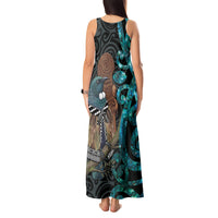 New Zealand Tui Bird Wahaika Tank Maxi Dress Maori Weapon Paua Shell Koru Pattern