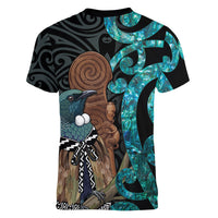 New Zealand Tui Bird Wahaika Women V-Neck T-Shirt Maori Weapon Paua Shell Koru Pattern