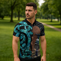 New Zealand Tui Bird Wahaika Zipper Polo Shirt Maori Weapon Paua Shell Koru Pattern LT22 - Polynesian Pride