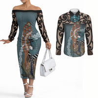 New Zealand Tui Bird Maripi Couples Matching Off The Shoulder Long Sleeve Dress and Long Sleeve Button Shirt Maori Weapon Kowhaiwhai Pattern