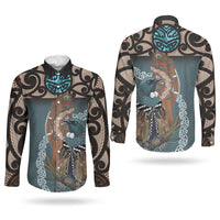 New Zealand Tui Bird Maripi Couples Matching Off The Shoulder Long Sleeve Dress and Long Sleeve Button Shirt Maori Weapon Kowhaiwhai Pattern