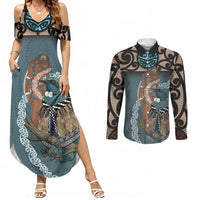 New Zealand Tui Bird Maripi Couples Matching Summer Maxi Dress and Long Sleeve Button Shirt Maori Weapon Kowhaiwhai Pattern
