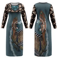 New Zealand Tui Bird Maripi Family Matching Long Sleeve Bodycon Dress and Hawaiian Shirt Maori Weapon Kowhaiwhai Pattern