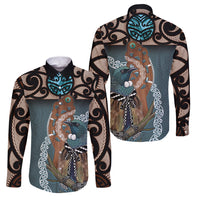 New Zealand Tui Bird Maripi Family Matching Off Shoulder Short Dress and Hawaiian Shirt Maori Weapon Kowhaiwhai Pattern LT22 Dad's Shirt - Long Sleeve Slate Blue - Polynesian Pride