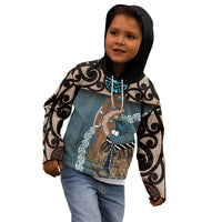 New Zealand Tui Bird Maripi Kid Hoodie Maori Weapon Kowhaiwhai Pattern