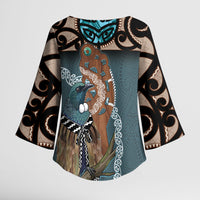 New Zealand Tui Bird Maripi Kimono Sleeve Blouse Maori Weapon Kowhaiwhai Pattern