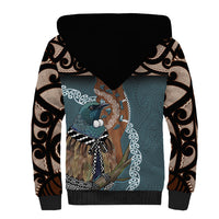 New Zealand Tui Bird Maripi Sherpa Hoodie Maori Weapon Kowhaiwhai Pattern