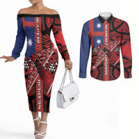 Aotearoa Iwi Ngapuhi Couples Matching Off The Shoulder Long Sleeve Dress and Long Sleeve Button Shirt Tuhoronuku Kite United Tribes Flag Maori Pattern