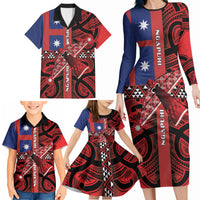 Aotearoa Iwi Ngapuhi Family Matching Long Sleeve Bodycon Dress and Hawaiian Shirt Tuhoronuku Kite United Tribes Flag Maori Pattern