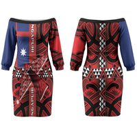 Aotearoa Iwi Ngapuhi Family Matching Off The Shoulder Long Sleeve Dress and Hawaiian Shirt Tuhoronuku Kite United Tribes Flag Maori Pattern
