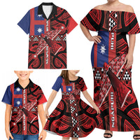 Aotearoa Iwi Ngapuhi Family Matching Off Shoulder Maxi Dress and Hawaiian Shirt Tuhoronuku Kite United Tribes Flag Maori Pattern