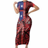 Aotearoa Iwi Ngapuhi Short Sleeve Bodycon Dress Tuhoronuku Kite United Tribes Flag Maori Pattern