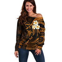 Personalised Molokai Hawaii Off Shoulder Sweater Polynesian Tattoo and Pacific Plumeria Gold Vibe LT9 Women Gold - Polynesian Pride