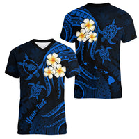 Personalised Maui Hawaii Women V Neck T Shirt Polynesian Tattoo and Pacific Plumeria Blue Vibe LT9 - Polynesian Pride