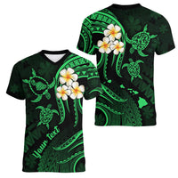 Personalised Maui Hawaii Women V Neck T Shirt Polynesian Tattoo and Pacific Plumeria Green Vibe LT9 - Polynesian Pride