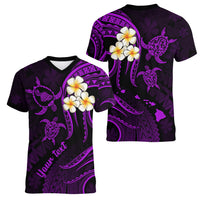 Personalised Maui Hawaii Women V Neck T Shirt Polynesian Tattoo and Pacific Plumeria Purple Vibe LT9 - Polynesian Pride