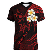 Personalised Maui Hawaii Women V Neck T Shirt Polynesian Tattoo and Pacific Plumeria Red Vibe LT9 Female Red - Polynesian Pride
