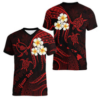 Personalised Maui Hawaii Women V Neck T Shirt Polynesian Tattoo and Pacific Plumeria Red Vibe LT9 - Polynesian Pride