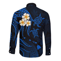 Personalised Oahu Hawaii Long Sleeve Button Shirt Polynesian Tattoo and Pacific Plumeria Blue Vibe LT9 - Polynesian Pride
