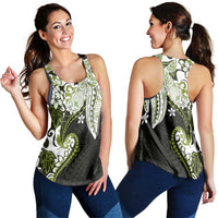Monstera Plumeria Flowers Olive Green Women Racerback Tank Polynesian Pattern