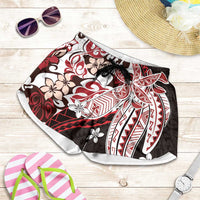 Monstera Plumeria Flowers Red Shorts for Women Polynesian Pattern
