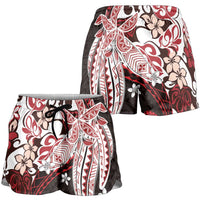 Monstera Plumeria Flowers Red Shorts for Women Polynesian Pattern
