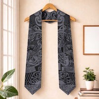 New Zealand Taiaha Maori Graduation Stole Minimalist Silver Fern All Black LT9 One Size Black - Polynesian Pride