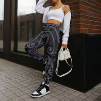 New Zealand Taiaha Maori Jogger Pants Minimalist Silver Fern All Black LT9 - Polynesian Pride