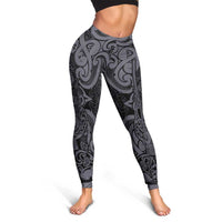 New Zealand Taiaha Maori Leggings Minimalist Silver Fern All Black LT09