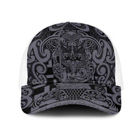 New Zealand Taiaha Maori Mesh Trucker Cap Minimalist Silver Fern All Black - Polynesian Pride