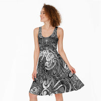 New Zealand Taiaha Maori Midi Dress Kiwikiwi Minimalist Silver Fern Tukutuku Motif