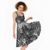 New Zealand Taiaha Maori Midi Dress Kiwikiwi Minimalist Silver Fern Tukutuku Motif