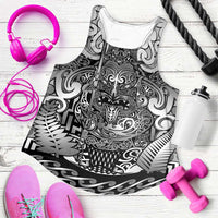 New Zealand Taiaha Maori Women Racerback Tank Kiwikiwi Minimalist Silver Fern Tukutuku Motif