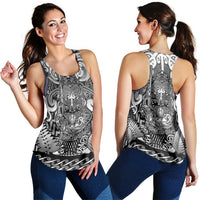 New Zealand Taiaha Maori Women Racerback Tank Kiwikiwi Minimalist Silver Fern Tukutuku Motif