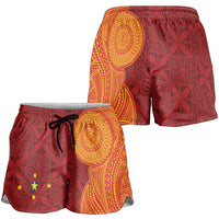 Niue Polynesian Hiapo Tattoo Art Shorts for Women Half Style Red Yellow Color - Polynesian Pride