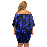 Polynesian Off Shoulder Short Dress Blue Hawaiian Tribal Hammerhead Shark LT14