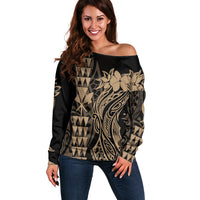 Hawaii Map Kanaka Polynesian Hula Girl Women's Off Shoulder Sweater Gold
