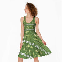 Olive Green Hawaii Palm Tree Hibiscus Midi Dress Fantasy Summer Vibe