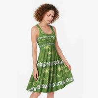 Olive Green Hawaii Palm Tree Hibiscus Midi Dress Fantasy Summer Vibe
