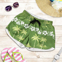 Olive Green Hawaii Palm Tree Hibiscus Shorts for Women Fantasy Summer Vibe