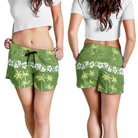 Olive Green Hawaii Palm Tree Hibiscus Shorts for Women Fantasy Summer Vibe