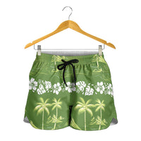 Olive Green Hawaii Palm Tree Hibiscus Shorts for Women Fantasy Summer Vibe