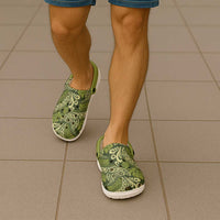 Olive Green Monstera Clogs Shoes Polynesian Tribal Pattern - Polynesian Pride