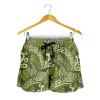Olive Green Monstera Shorts for Women Polynesian Tribal Pattern - Polynesian Pride