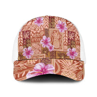 Orange Hawaii Hibiscus With Tropical Flowers Motifs Baseball Net Cap - Polynesian Pride