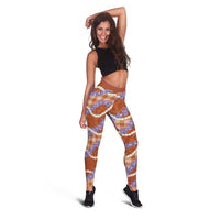 Orange Hawaii Palaka Honohono Pikake Leggings Hawaiian Orchid Lei Polynesian Pattern - Polynesian Pride