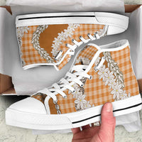 Orange Hawaii Tiare and Shell Lei High Top Shoes Hawaiian Palaka Luxury Vibes - Polynesian Pride