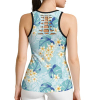Pastel Cyan Tropical Hawaii Hollow Tank Top Seamless Monstera Plumeria Hawaiian Pattern - Polynesian Pride
